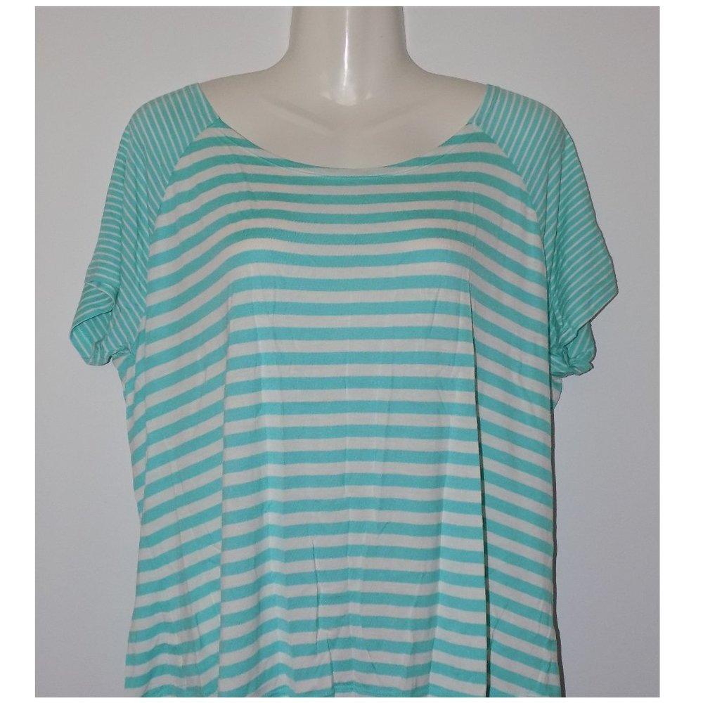 White & Aqua Striped Short Sleeve Top NEW
